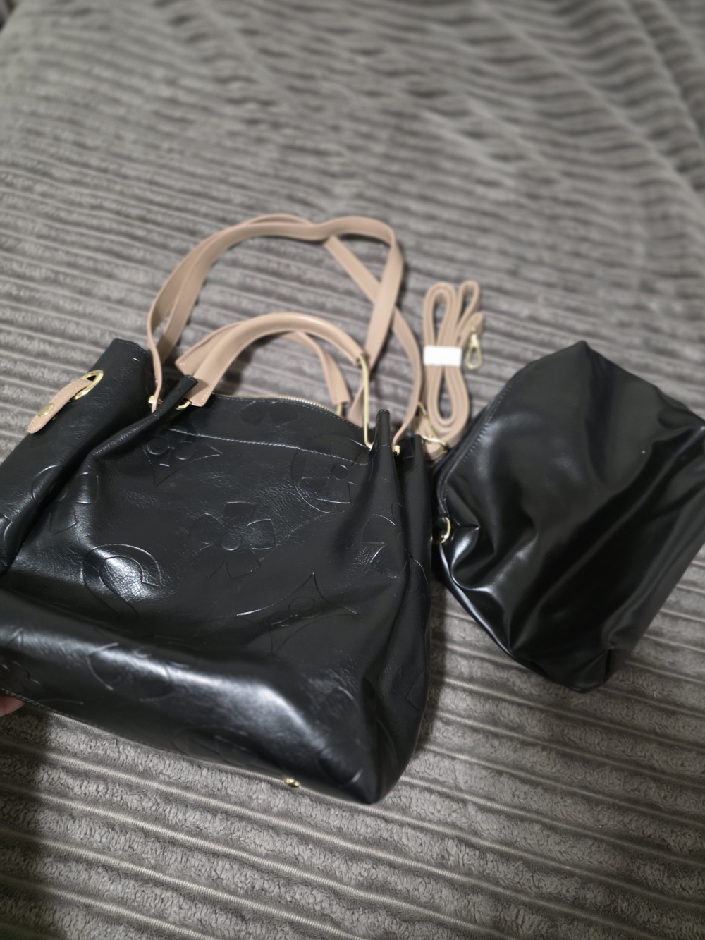 Black Tote Handbag with Beige Straps